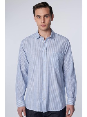 Klasik Fit Uzun Kollu Düğmeli Yaka Tek Cep Keten Doku Çizgili Yazlık Beyaz Erkek Gömlek