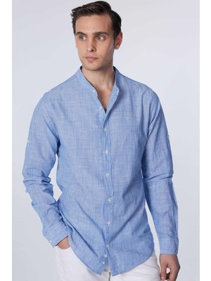 Slim Fit Uzun Kollu Dar Kalıp Hakim Yaka Çizgili Yazlık Keten Doku Erkek Gömlek