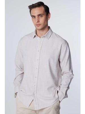 Relax Fit Uzun Kollu Rahat Kesim Keten Doku Düz Yazlık Yeşil Erkek Gömlek