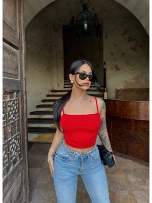 Joshua Kadın Kırmızı Scuba Kumaş U Yaka Ip Askılı Crop Top