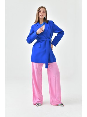 Saade Kadın Saks Mavi Kuşaklı Ceket %86 Polyester %14 Elastan Kırışmaya Dayanıklı