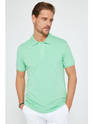 Tudors Erkek Slim Fit Dar Kesim  Pamuk Düz Pike Mint Polo Yaka Tişört