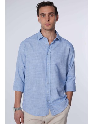 Relax Fit Uzun Kollu Rahat Kesim Keten Doku Düz Yazlık Lacivert Erkek Gömlek