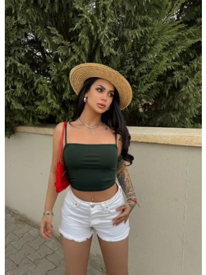 Joshua Kadın Kırmızı Scuba Kumaş U Yaka Ip Askılı Crop Top