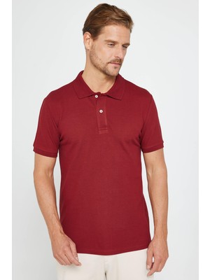 Tudors Erkek Slim Fit Dar Kesim  Pamuk Düz Pike Bordo Polo Yaka Tişört