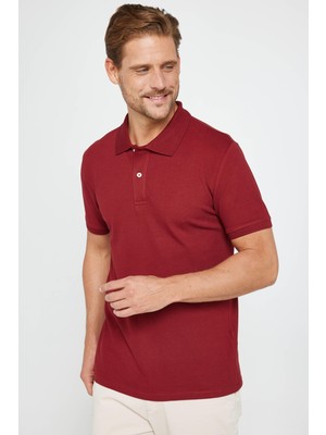 Tudors Erkek Slim Fit Dar Kesim  Pamuk Düz Pike Bordo Polo Yaka Tişört