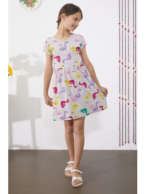 Cansın Mini Gri Kuğu Baskılı Kısa Kollu Kız Çocuk Yazlık Elbise 18788