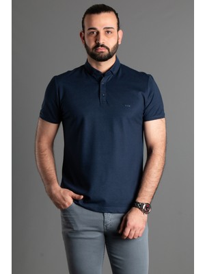 Zeki Özer Erkek Lacivert Dokulu Düğmeli Yaka Polo Yaka T-Shirt