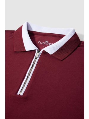 Tudors Erkek Slim Fit Dar Kesim  Pamuk Düz Pike Fermuarlı Bordo Polo Yaka Tişört