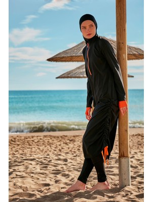 Marina Siyah Tam Kapalı Tesettür Mayo Yazlık Polyester Desenli Su İtici 4 Parça