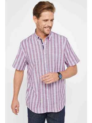 Tudors Erkek Regular Fit Klasik Kesim Oversize %100 Pamuk Keten Doku Çizgili Düğmeli Yaka Gömlek