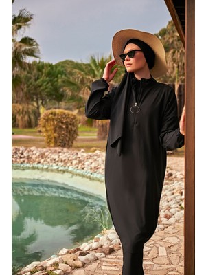 Marina Paraşüt Kumaş Siyah Tam Kapalı Tesettür Mayo M2402