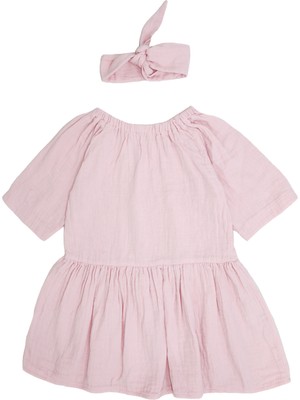RG Brand Kız Çocuk %100 Muslin, Elastik Bel Detaylı Elbise ve Saç Bandı 2'li Takım_RG1547