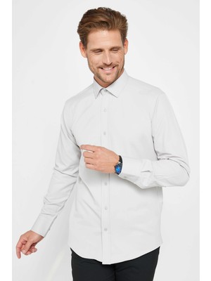 Tudors Modern Slim Fit Uzun Kollu Düz Erkek Gri Gömlek