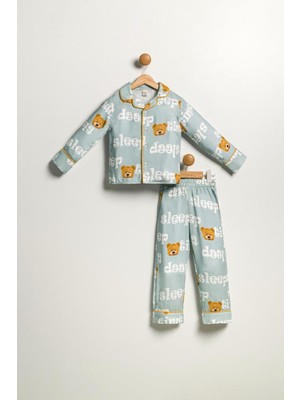 Pollito Çocuk Unisex Önü Düğmeli Mavi Ayıcık Sleep Desenli 2'li Alt Üst pijama takımı