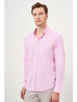 Morven  Erkek Pembe Keten Düz Desen Düğmeli Yaka Slim Fit Gömlek