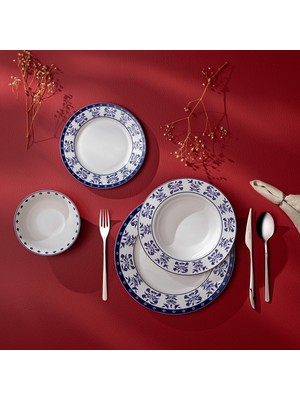 Emsan Zahra Blue 24 Parça Beyaz Porselen Yuvarlak 6 Kişilik Yemek Takımı Desenli
