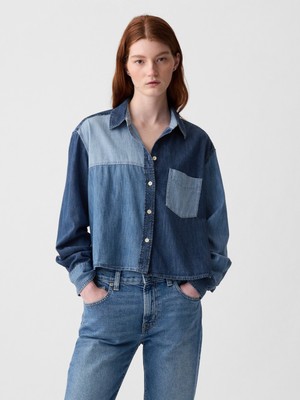 Gap Kadın Mavi Crop Patchwork Denim Gömlek