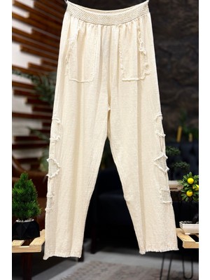 Sahnemoda Yanları File Püsküllü Keten Pantolon