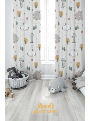 Moud's Tavşan ve Ayıcık Desenli Baskılı Çocuk ve Bebek Odası Fon Perdesi 2 Kanat - Prd-04
