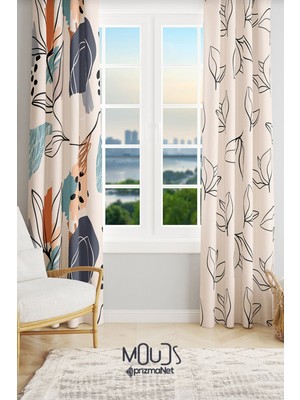 Moud's Art 5 Desenli Süet Oturma Odası Salon Fon Perde Dijital Baskılı Ekstrafor Büzgü 2 Kanat PRD-1050