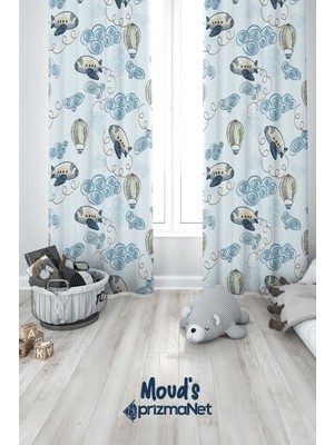 Moud's Mavi Uçak Desenli Baskılı Çocuk ve Bebek Odası Fon Perdesi 2 Kanat - Prd-19