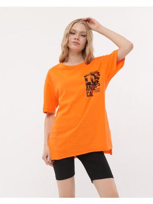 HG Fashion Los Angeles Baskılı Oversize Turuncu Renk T-Shirt