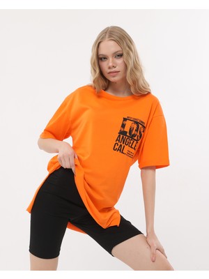 HG Fashion Los Angeles Baskılı Oversize Turuncu Renk T-Shirt