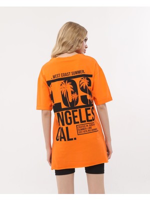 HG Fashion Los Angeles Baskılı Oversize Turuncu Renk T-Shirt