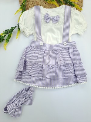 Tufitto Baby Kız Çocuk Tişort Mor Renk Salopet Elbise Bandanalı Bebe Yakalı Dantelli Çizgili