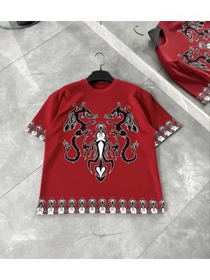 Stock Mount Unisex Bisiklet Yaka Baskılı Oversize T-Shirt Kırmızı