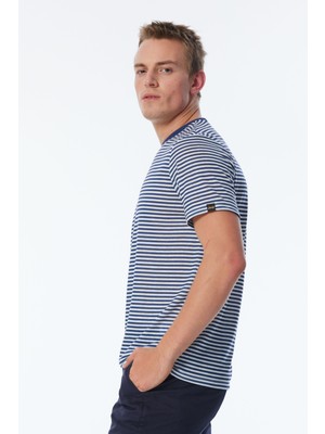 Jeep Beyaz - Lacivert Erkek Bisiklet Yaka Relaxed Çizgili T-Shirt C4SM-TST4645