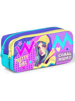 Coral High Kids Lavanta Turkuaz Kulaklıklı Kız Desenli Iki Bölmeli Kalem Çantası 12071