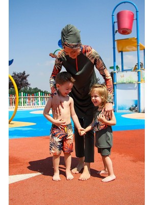 Marina Çocuk Haki Yaprak Desenli Tesettür Mayo K2212