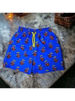 Sedirli Çocuk Deniz Şortu Spiderman Örümcek Adam Baskılı Bel Bağlamalı Mayo Şort