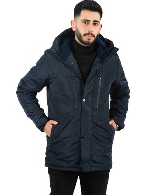 Montland Erkek Lacivert Kapüşonlu Su ve Rüzgar Geçirmez İçi Polarlı Mont 3XL Model