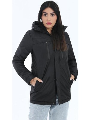 Montland Kadın Siyah Kapüşonlu Polarlı Su ve Rüzgar Geçirmez Mont 2XL Modeli