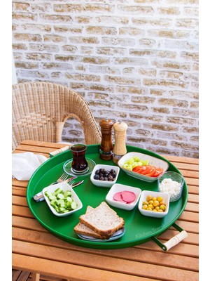 Kitchen Trend Galvaniz 51 cm Yeşil Ahşap Kulplu Yuvarlak Tepsi