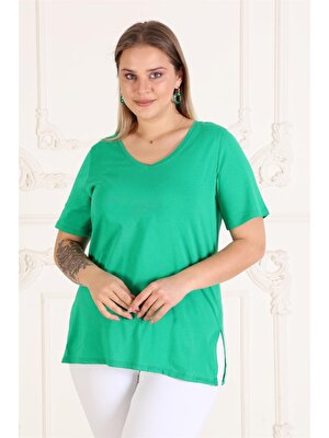 Sea Moda Boyfriend Örme V Yaka Yırtmaçlı T-Shirt-Yeşil