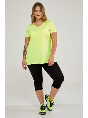 Sea Moda V Yaka Yırtmaçlı Basic Tshirt-Neon Sarı