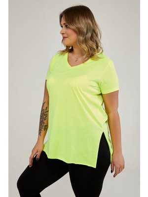 Sea Moda V Yaka Yırtmaçlı Basic Tshirt-Neon Sarı