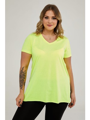 Sea Moda V Yaka Yırtmaçlı Basic Tshirt-Neon Sarı