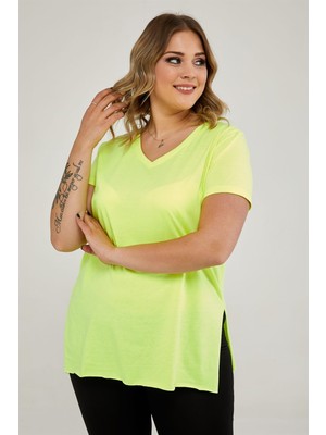 Sea Moda V Yaka Yırtmaçlı Basic Tshirt-Neon Sarı