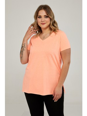 Sea Moda V Yaka Yırtmaçlı Basic Tshirt-Neon Oranj