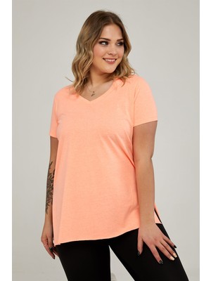 Sea Moda V Yaka Yırtmaçlı Basic Tshirt-Neon Oranj