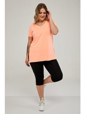 Sea Moda V Yaka Yırtmaçlı Basic Tshirt-Neon Oranj