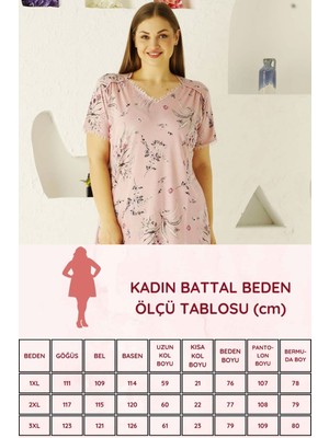 Alimer Kadın Pembe Çiçek Desenli V Yaka Kısa Kollu Büyük Beden Bermuda Pijama Takımı EDY2704B-P