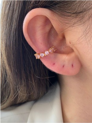 Pinery Jewels Pembe Oval Taşlı Altın Kaplama Kadın Earcuff Kıkırdak Küpe