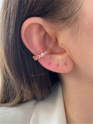 Pinery Jewels Pembe Oval Taşlı Altın Kaplama Kadın Earcuff Kıkırdak Küpe