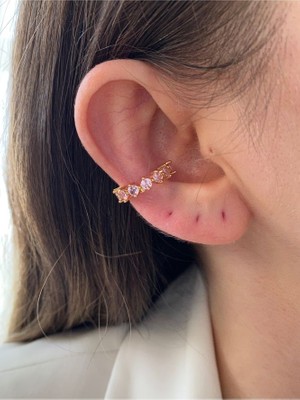 Pinery Jewels Pembe Oval Taşlı Altın Kaplama Kadın Earcuff Kıkırdak Küpe